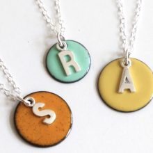 Silver letter and enamel disc Enamel necklace with silver initial