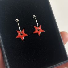 Red enamel star earrings Red stars on silver hoops